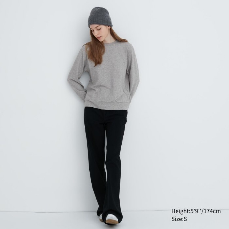 Women Uniqlo Soft Knitted Fleece Crew Neck Long-Sleeve T Shirts Grey | 367466