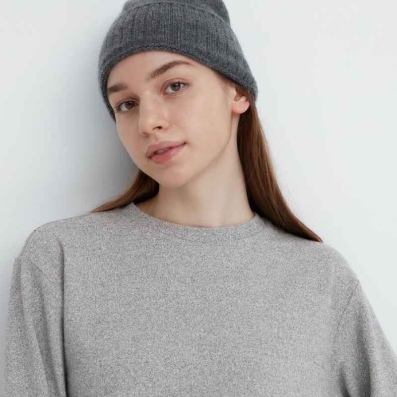 Women Uniqlo Soft Knitted Fleece Crew Neck Long-Sleeve T Shirts Grey | 367466