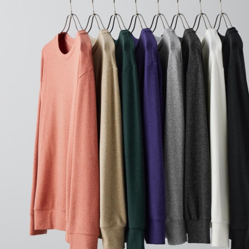 Women Uniqlo Soft Knitted Fleece Crew Neck Long-Sleeve T Shirts Grey | 367466