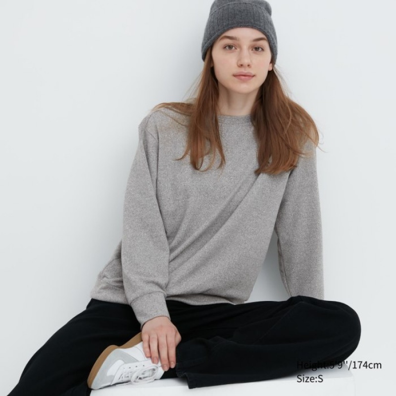 Women Uniqlo Soft Knitted Fleece Crew Neck Long-Sleeve T Shirts Grey | 367466