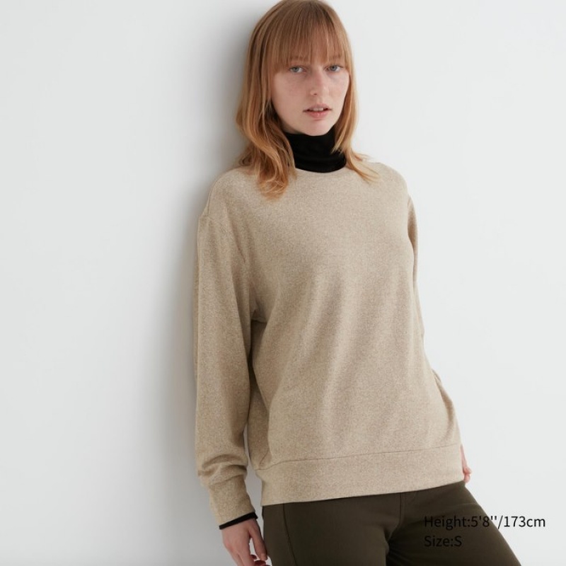 Women Uniqlo Soft Knitted Fleece Crew Neck Long-Sleeve T Shirts Beige | 1126751
