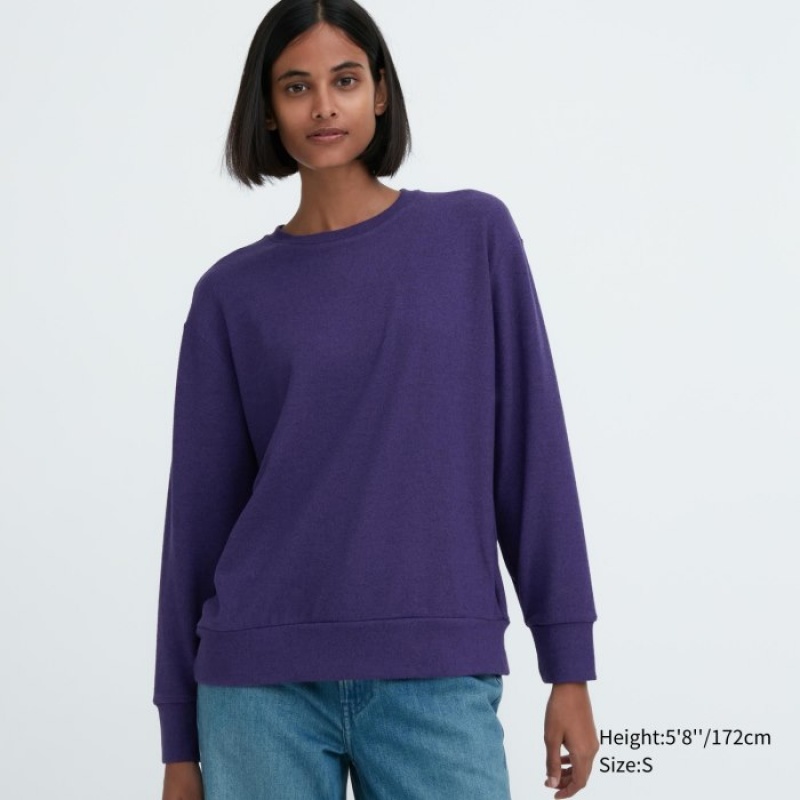 Women Uniqlo Soft Knitted Fleece Crew Neck Long-Sleeve T Shirts Purple | 3303297