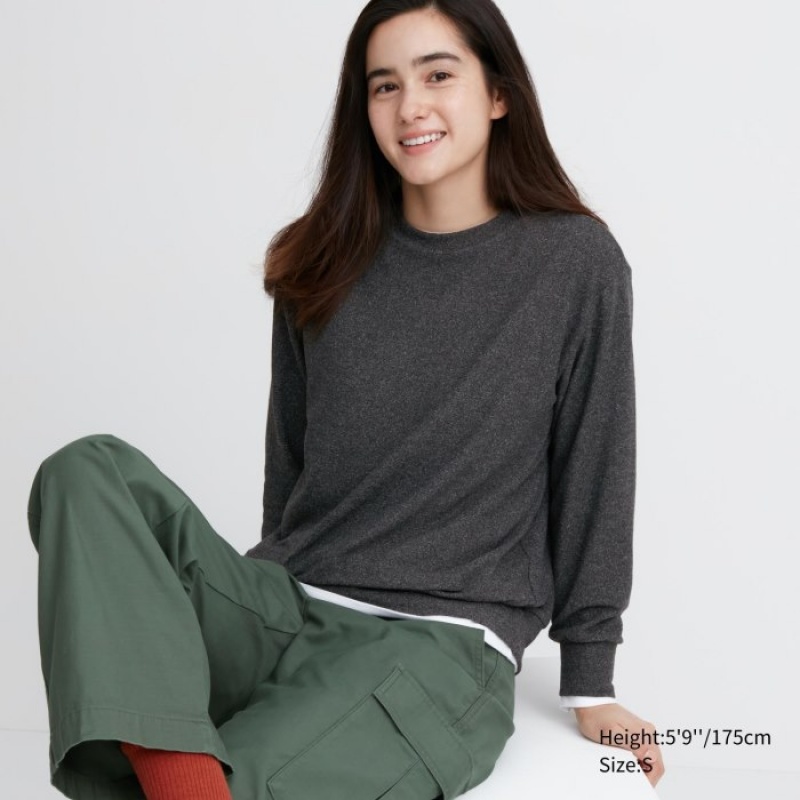 Women Uniqlo Soft Knitted Fleece Crew Neck Long-Sleeve T Shirts Grey | 3260877
