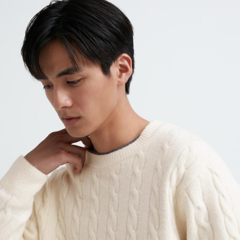 Women Uniqlo Souffle Yarn Cable Crew Neck Long-Sleeve Sweaters White | 111619