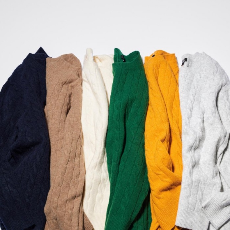 Women Uniqlo Souffle Yarn Cable Crew Neck Long-Sleeve Sweaters Green | 2365882