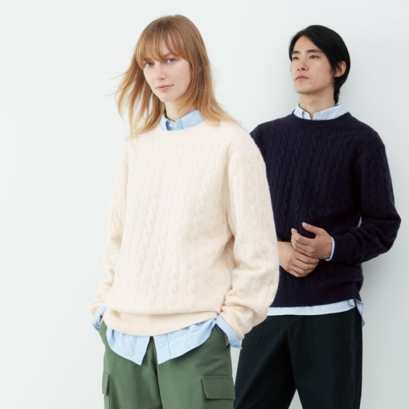 Women Uniqlo Souffle Yarn Cable Crew Neck Long-Sleeve Sweaters Navy | 7788585