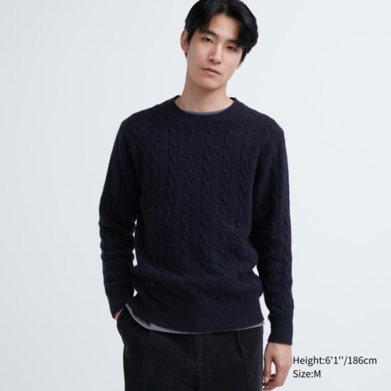 Women Uniqlo Souffle Yarn Cable Crew Neck Long-Sleeve Sweaters Navy | 7788585