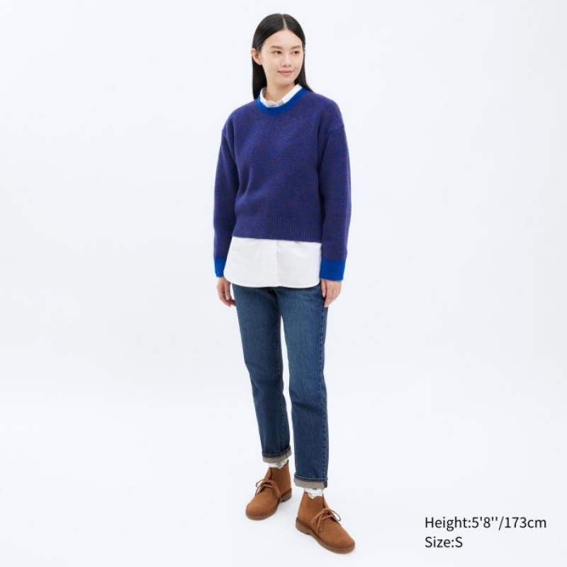Women Uniqlo Souffle Yarn Crew Neck Long-Sleeve Sweaters Blue | 5595846