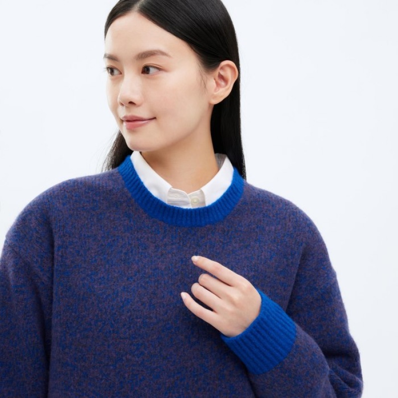Women Uniqlo Souffle Yarn Crew Neck Long-Sleeve Sweaters Blue | 5595846