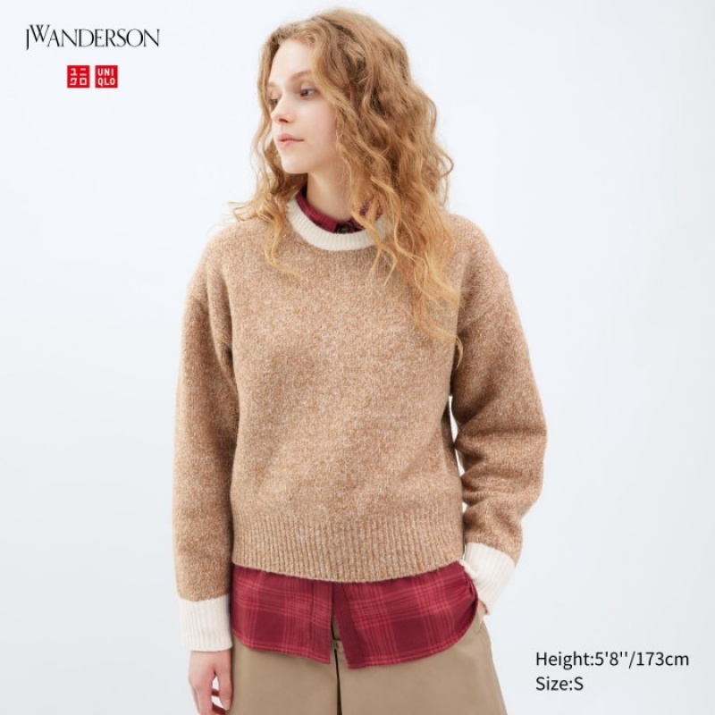 Women Uniqlo Souffle Yarn Crew Neck Long-Sleeve Sweaters Beige | 2029364