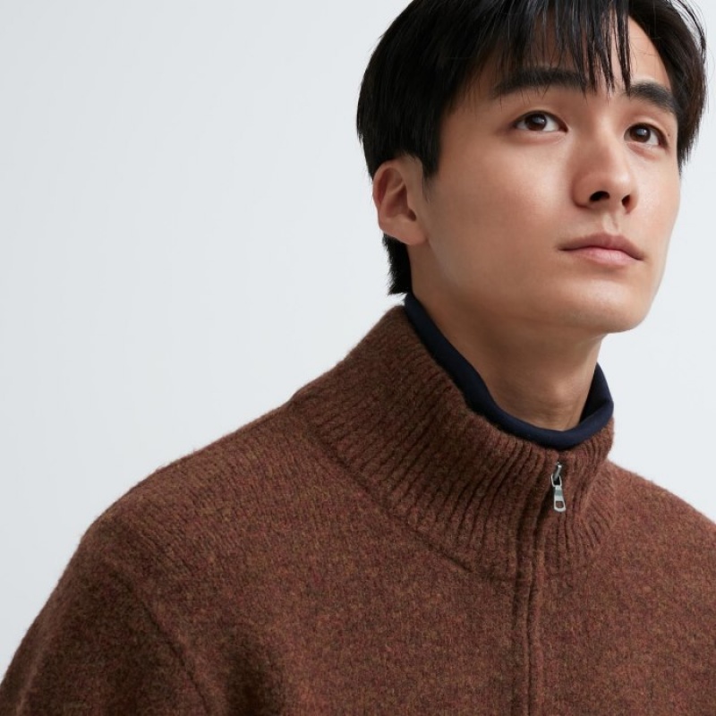 Women Uniqlo Souffle Yarn Half-Zip Long-Sleeve Sweaters Brown | 12816