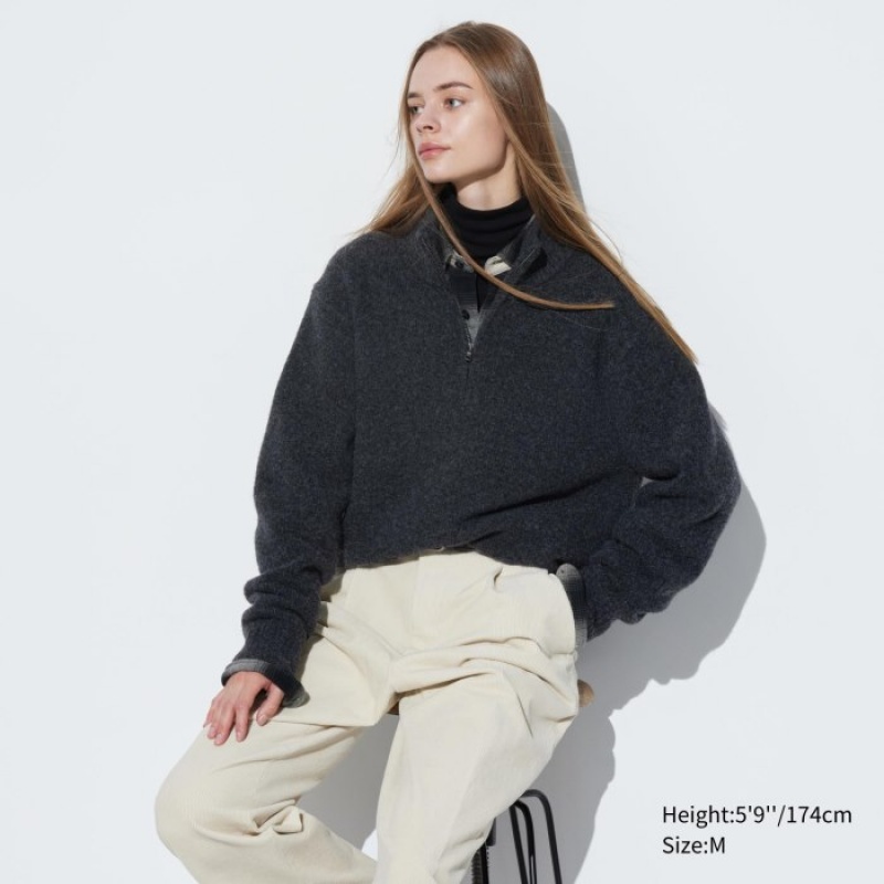 Women Uniqlo Souffle Yarn Half-Zip Long-Sleeve Sweaters Blue | 2338765