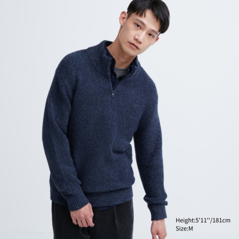 Women Uniqlo Souffle Yarn Half-Zip Long-Sleeve Sweaters Blue | 2338765