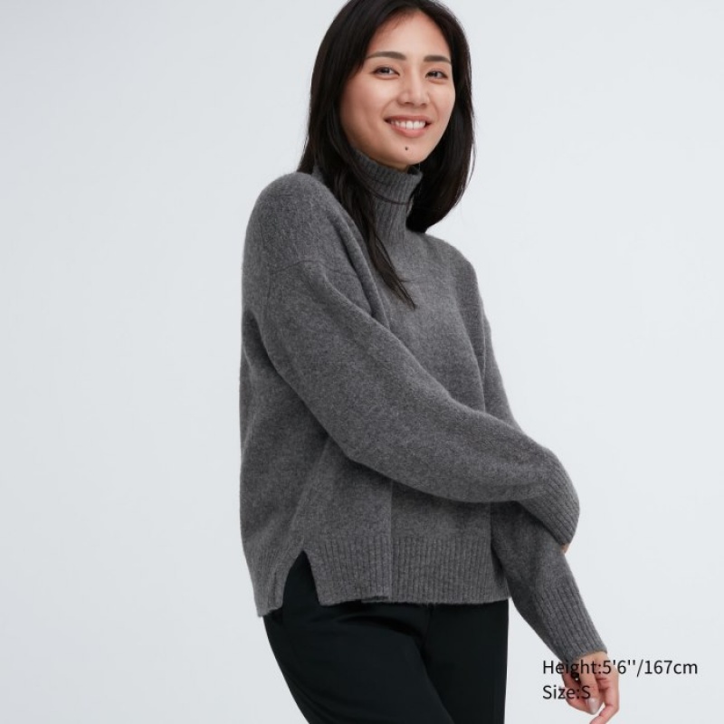 Women Uniqlo Souffle Yarn High Neck Long-Sleeve Sweaters Grey | 9224755