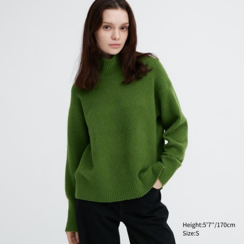 Women Uniqlo Souffle Yarn High Neck Long-Sleeve Sweaters Green | 4830189