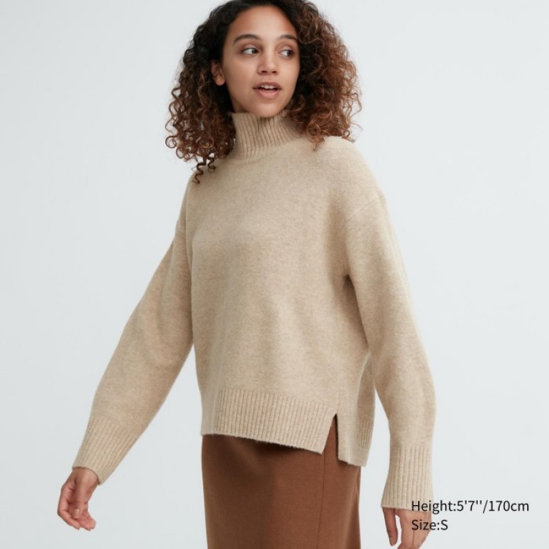 Women Uniqlo Souffle Yarn High Neck Long-Sleeve Sweaters Beige | 1101410