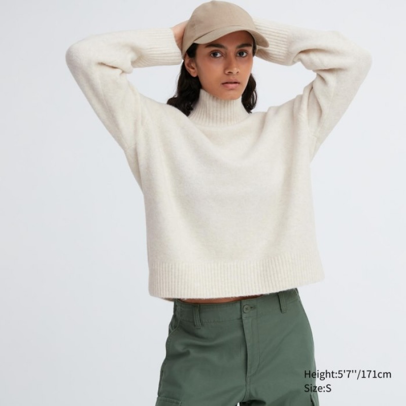 Women Uniqlo Souffle Yarn High Neck Long-Sleeve Sweaters White | 5632367