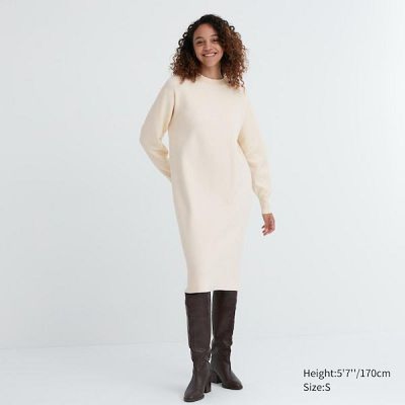 Women Uniqlo Souffle Yarn Long-Sleeve Dress White | 5297222