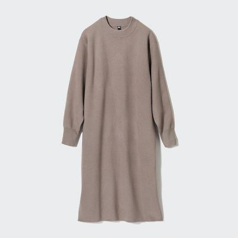 Women Uniqlo Souffle Yarn Long-Sleeve Dress Beige | 5442965
