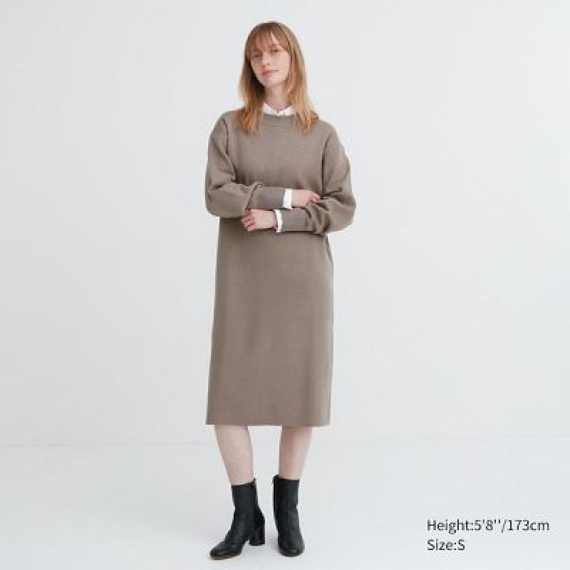 Women Uniqlo Souffle Yarn Long-Sleeve Dress Beige | 5442965