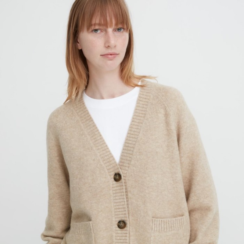Women Uniqlo Souffle Yarn Short Cardigan Beige | 402092