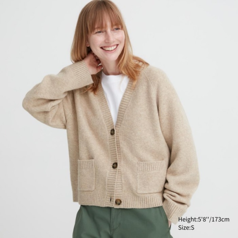 Women Uniqlo Souffle Yarn Short Cardigan Beige | 402092