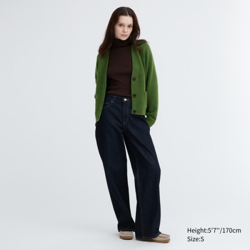 Women Uniqlo Souffle Yarn Short Cardigan Green | 7280907