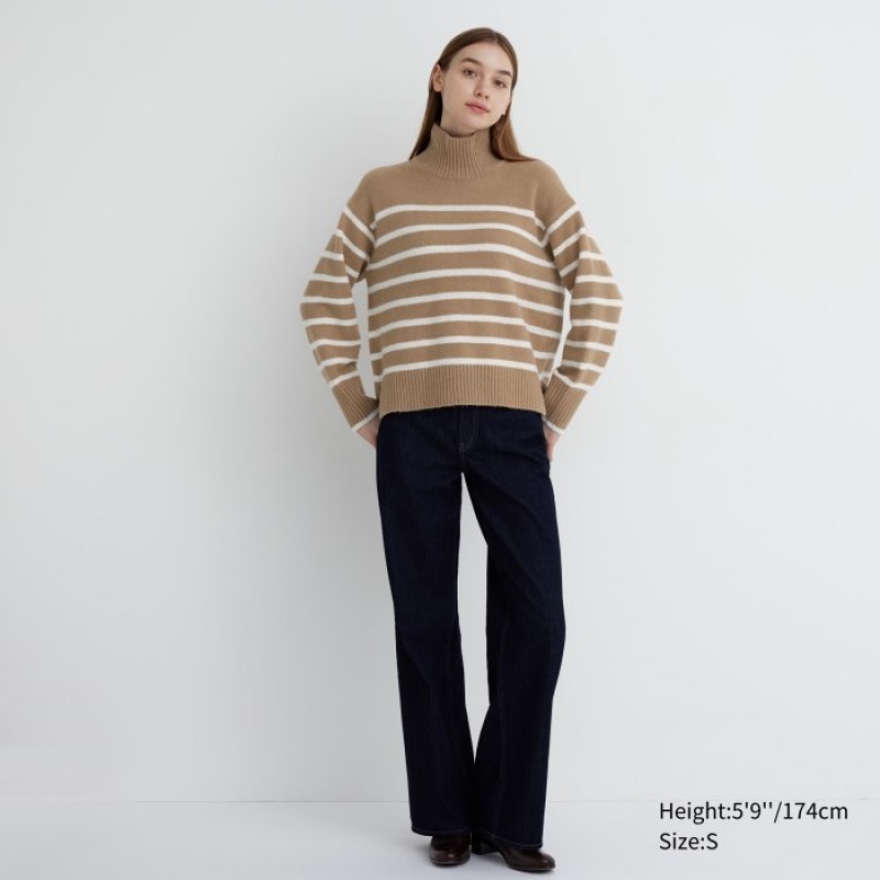 Women Uniqlo Souffle Yarn Striped High Neck Long-Sleeve Sweaters Beige | 9690405