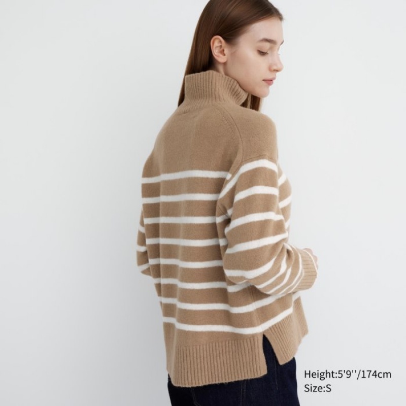 Women Uniqlo Souffle Yarn Striped High Neck Long-Sleeve Sweaters Beige | 9690405