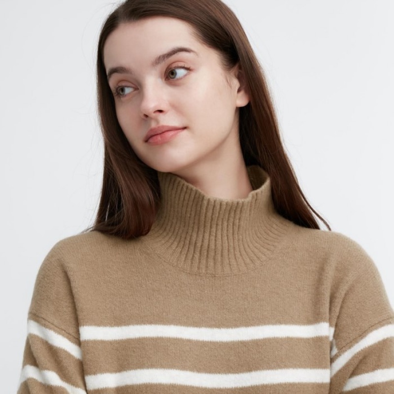 Women Uniqlo Souffle Yarn Striped High Neck Long-Sleeve Sweaters Beige | 9690405