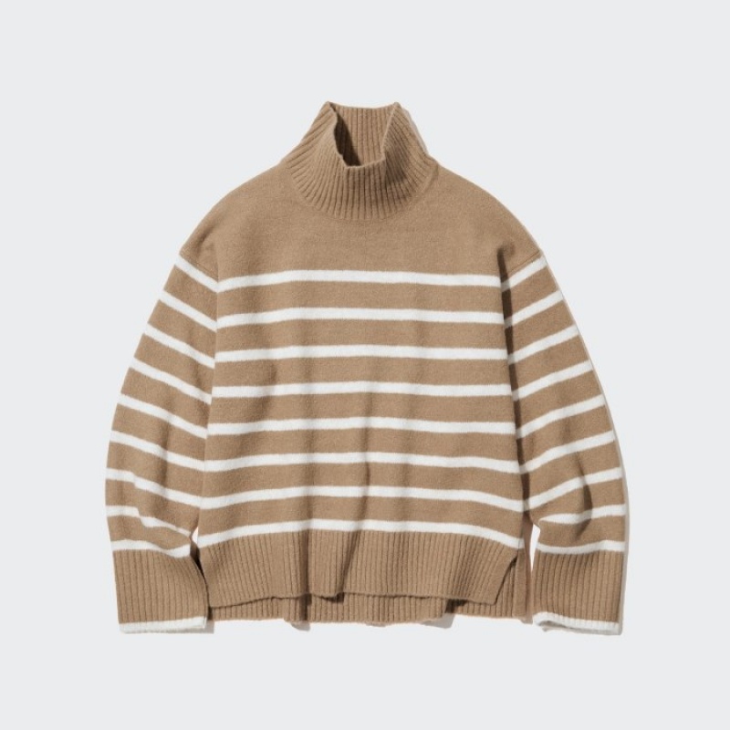 Women Uniqlo Souffle Yarn Striped High Neck Long-Sleeve Sweaters Beige | 9690405