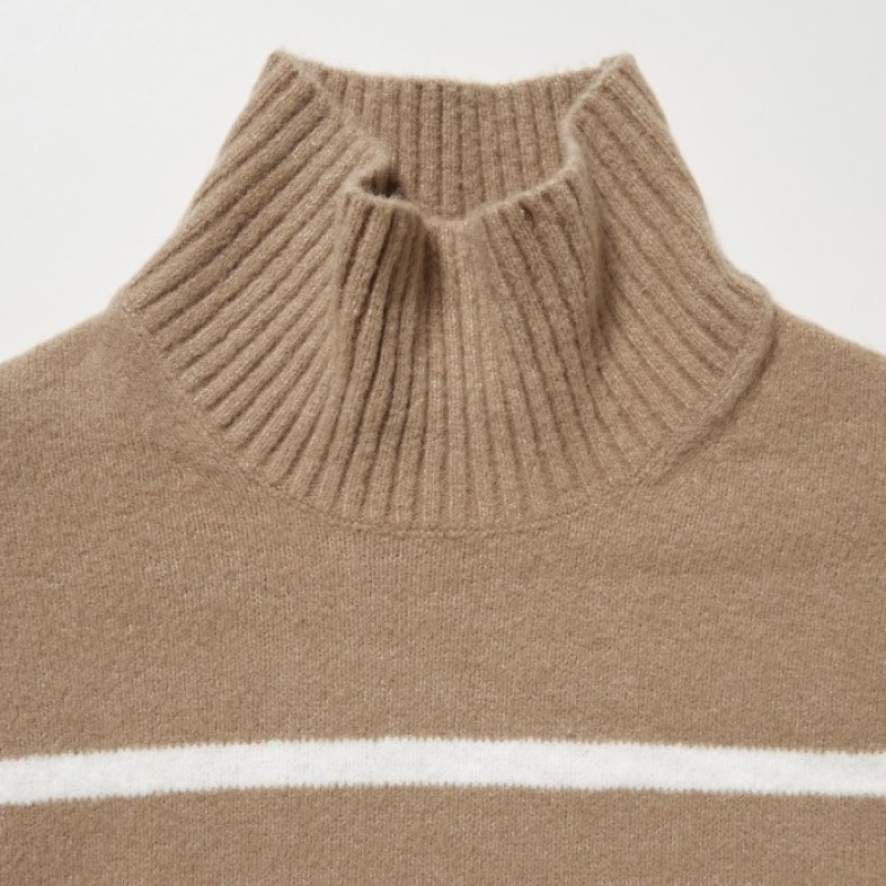 Women Uniqlo Souffle Yarn Striped High Neck Long-Sleeve Sweaters Beige | 9690405