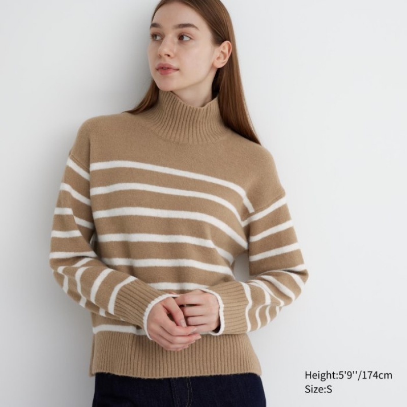 Women Uniqlo Souffle Yarn Striped High Neck Long-Sleeve Sweaters Beige | 9690405