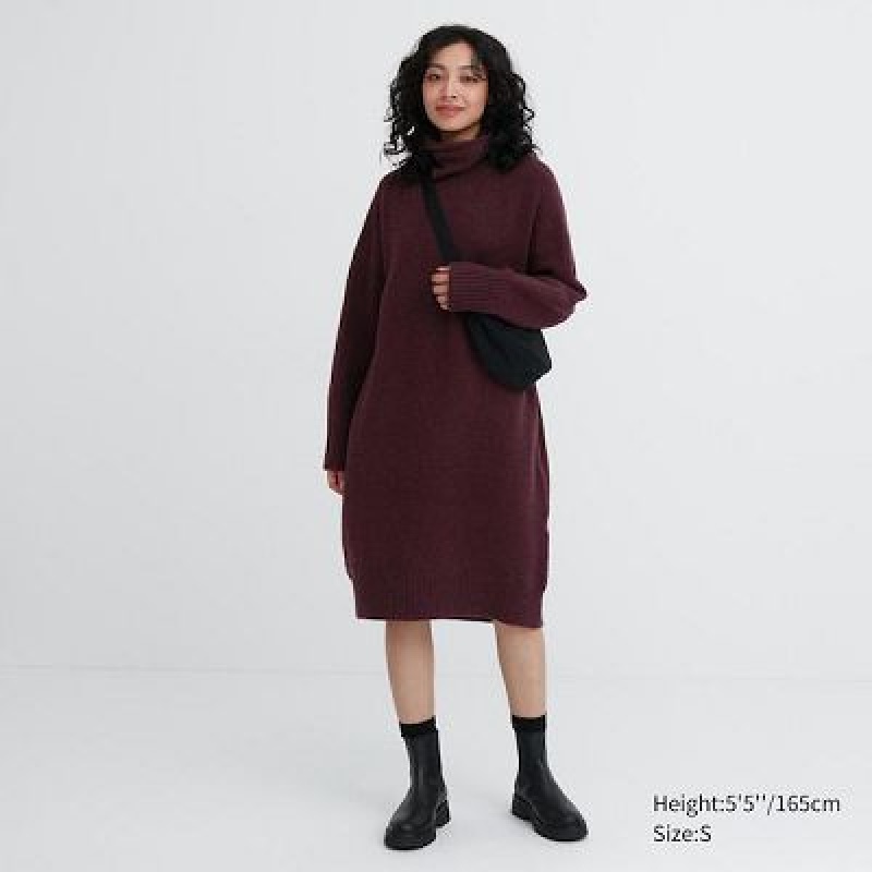 Women Uniqlo Souffle Yarn Turtleneck Dress Burgundy | 3772794