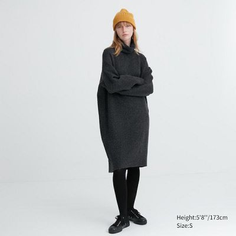 Women Uniqlo Souffle Yarn Turtleneck Dress Grey | 9224607