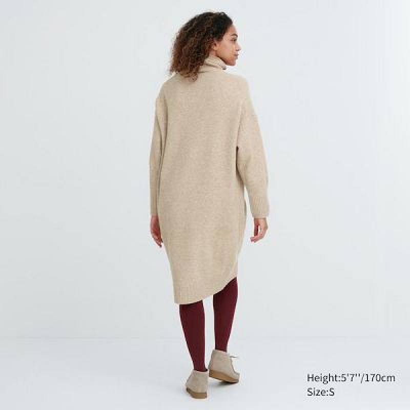 Women Uniqlo Souffle Yarn Turtleneck Dress Beige | 7025530