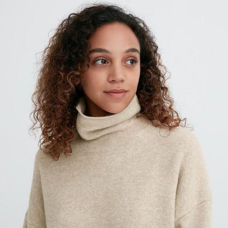 Women Uniqlo Souffle Yarn Turtleneck Dress Beige | 7025530
