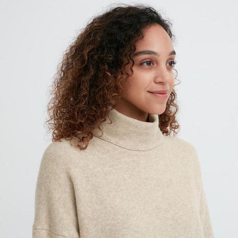 Women Uniqlo Souffle Yarn Turtleneck Dress Beige | 7025530