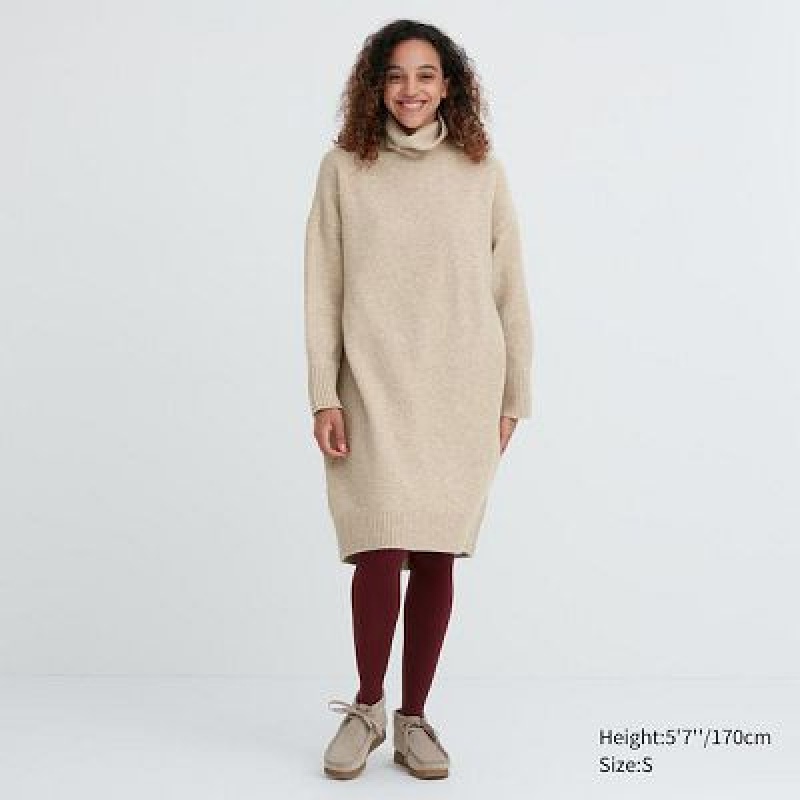 Women Uniqlo Souffle Yarn Turtleneck Dress Beige | 7025530