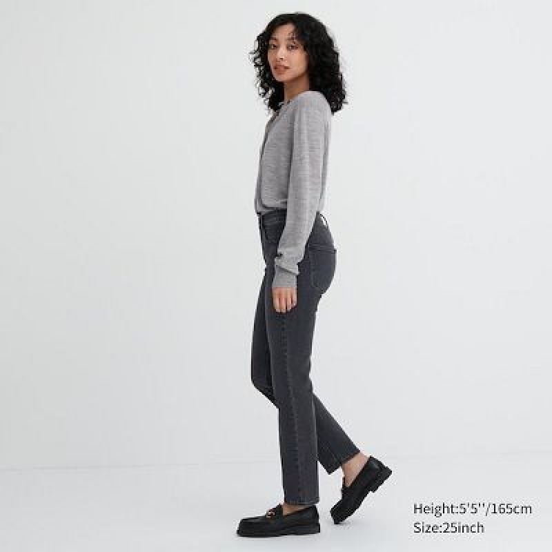Women Uniqlo Stretch Slim Straight Jeans Navy | 7961567