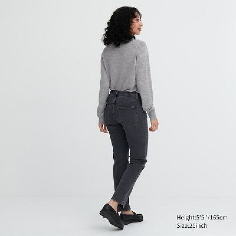 Women Uniqlo Stretch Slim Straight Jeans Navy | 7961567
