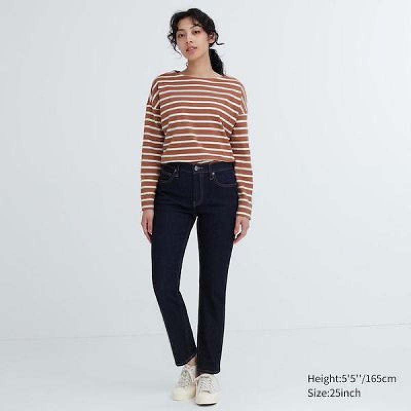 Women Uniqlo Stretch Slim Straight Jeans Navy | 7961567