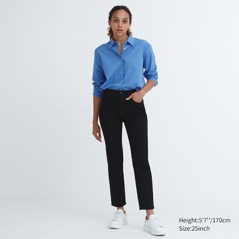 Women Uniqlo Stretch Slim Straight Jeans Black | 9059035