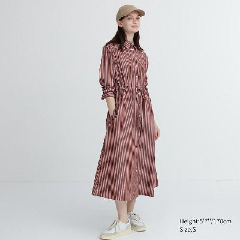 Women Uniqlo Striped Cotton Long-Sleeve Dress Brown | 7903575