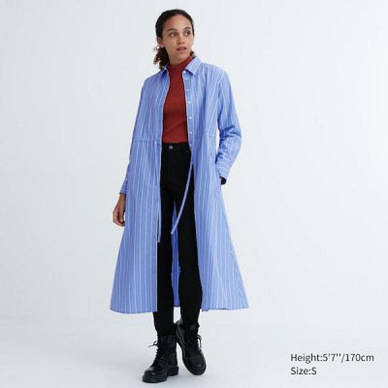 Women Uniqlo Striped Cotton Long-Sleeve Dress Blue | 348666