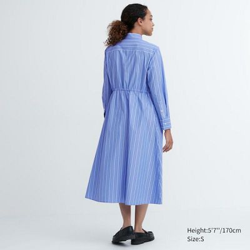 Women Uniqlo Striped Cotton Long-Sleeve Dress Blue | 348666