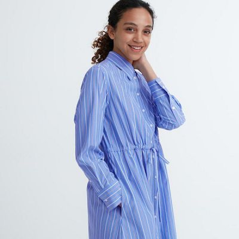 Women Uniqlo Striped Cotton Long-Sleeve Dress Blue | 348666