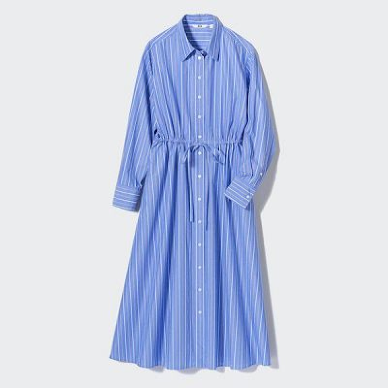 Women Uniqlo Striped Cotton Long-Sleeve Dress Blue | 348666