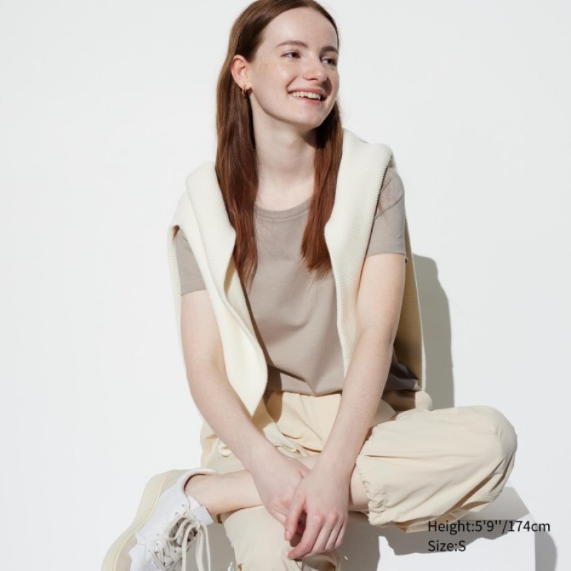 Women Uniqlo Supima Cotton Crew Neck Short Sleeve T Shirts Beige | 4571754