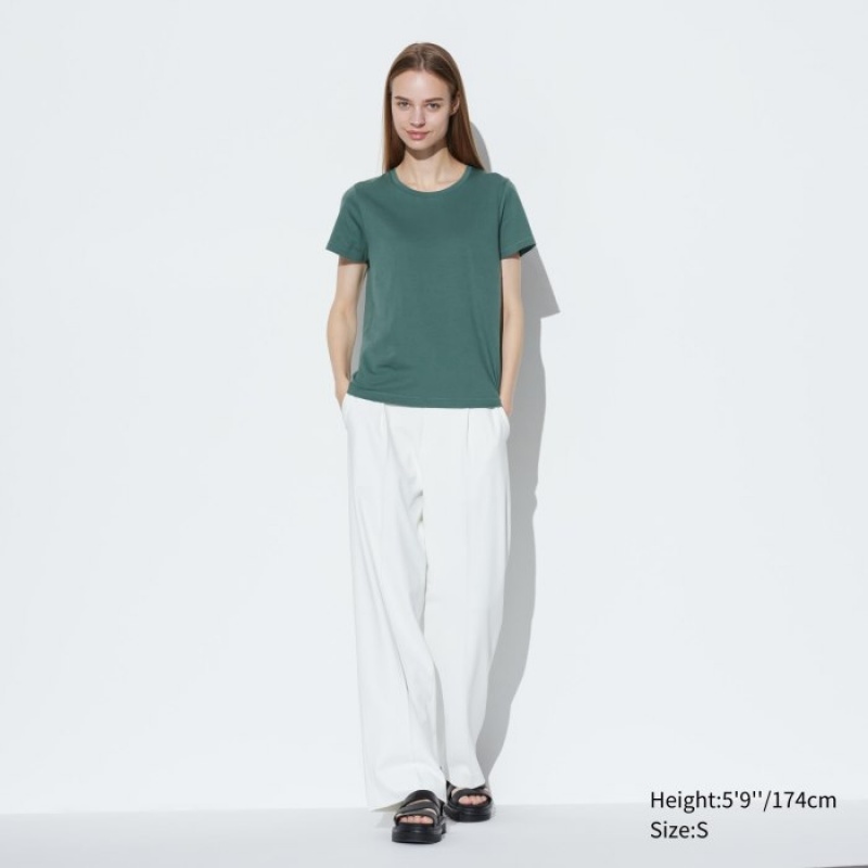 Women Uniqlo Supima Cotton Crew Neck Short Sleeve T Shirts Green | 3513922
